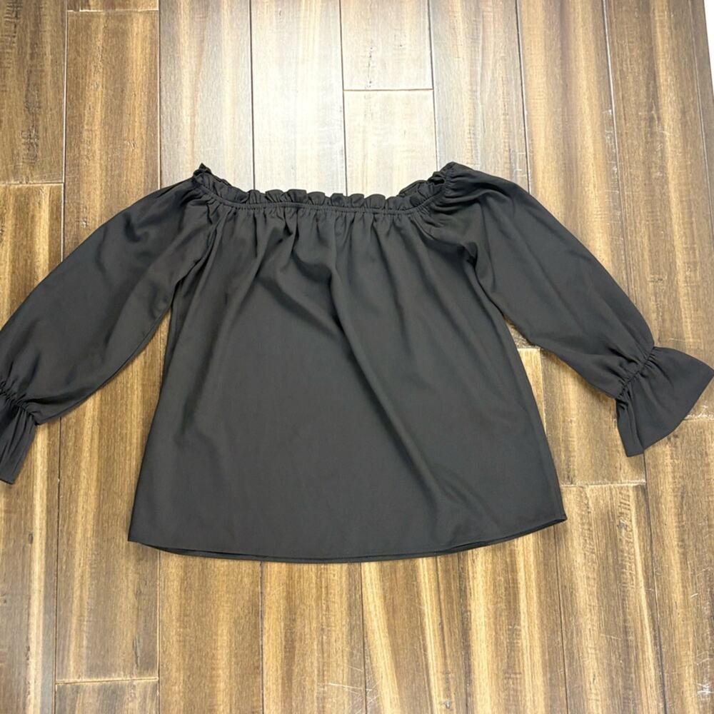 Lulu's size S Black Ruched Blouse Flowy Elastic Cuffs wide Round Neck Long Sleev